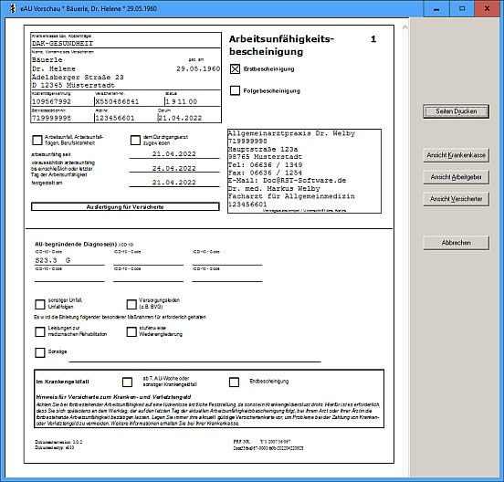 Vorschau der eAU nach KBV-Stylesheet.