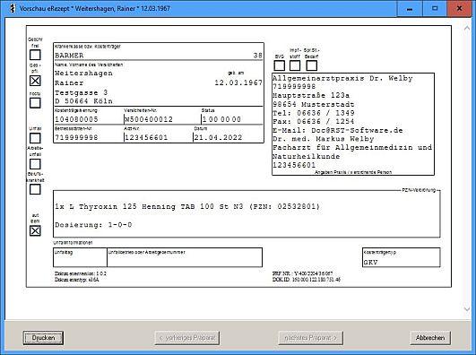 Vorschau des eRezeptes nach KBV-Stylesheet.